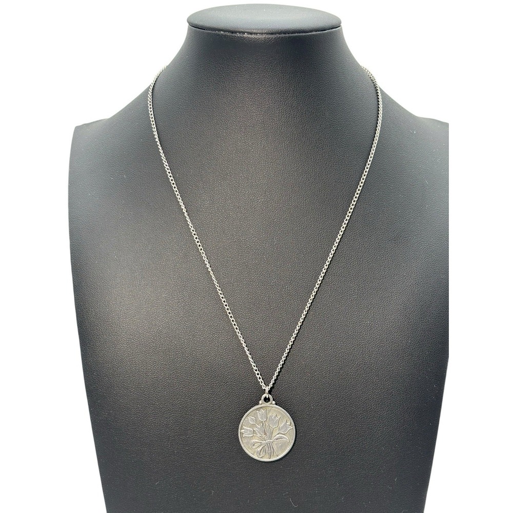 Vintage 1980 Spring Hill Nursery PewterTone Tulip Bouquet Motif Pendant Necklace